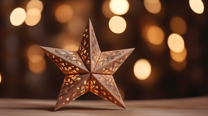 Decorative Wooden Christmas Star with Bokeh Lights Background