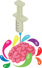Neurophysiology icon isometric vector. Realistic human brain, disposable syringe. Brain science, medicine concept