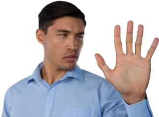 Close up of young businessman using invisible screen