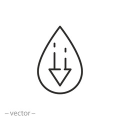 cholesterol low level icon, drop blood with arrow down, linear symbol on white background - editable stroke vector illustration eps10