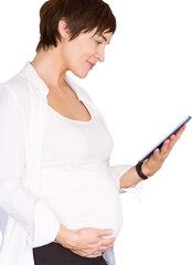 Happy pregnant woman using digital tablet