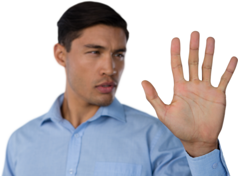 Close up of young businessman using invisible screen