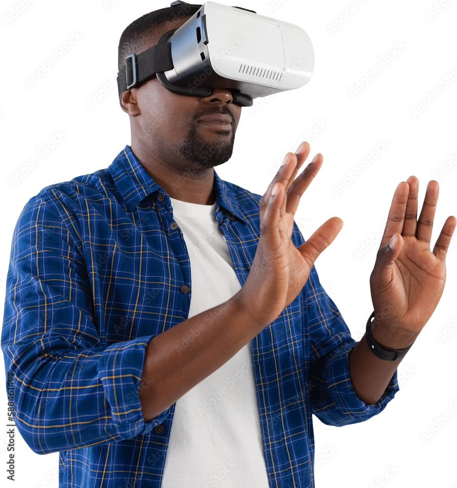 Poster man gesturing while using virtual reality headset