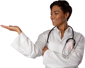 Nurse wearing breast cancer awareness pink ribbon shows a copy space on white background