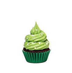 cupcake with green icing and sprinkles isolated on white