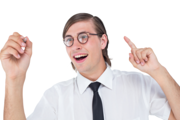 Geeky businessman writing with pen 