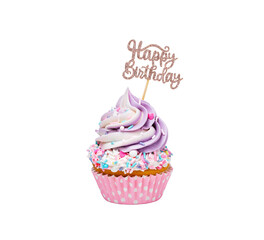 Pink and Purple happy birthday cupcake with sprinkles isolated on white - 588461823