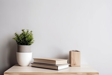 Interior wall design concept with a plant in a pot and books displayed on a shelf, Generative AI