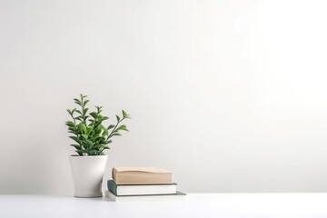 Mockup of an interior wall with a potted green plant and stack of books for decoration, Generative AI