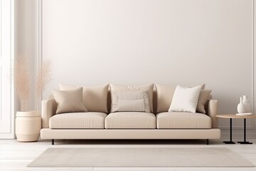 Mockup of a white empty living room wall with a sofa and beige pillows, Generative AI