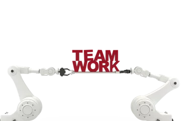 Foto op Canvas Robotic hand holding red team work text over white background © vectorfusionart