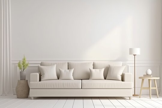 Empty white wall living room mockup with sofa and beige pillows, Generative AI
