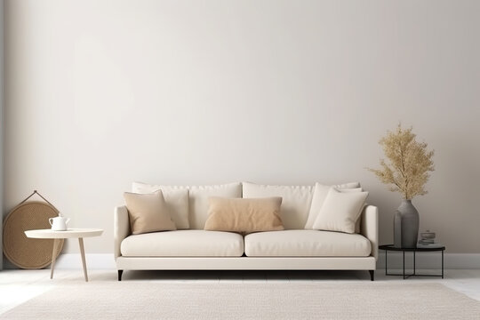 Living room interior with empty white wall and sofa with beige pillows mockup, Generative AI