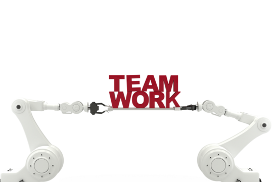 Robotic hand holding red team work text over white background