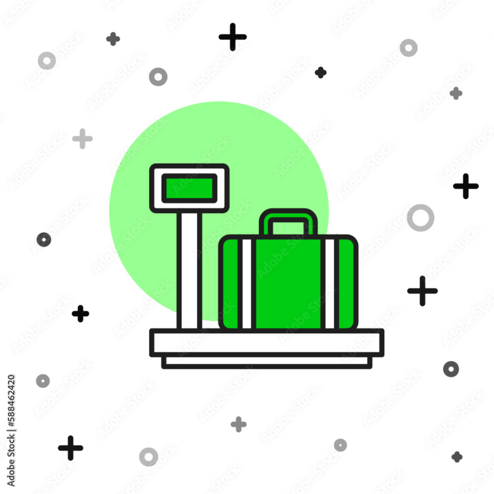 Poster filled outline scale with suitcase icon isolated on white background. logistic and delivery. weight 