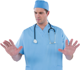 Surgeon pretending to be using futuristic digital screen