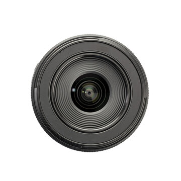 Front view of a modern photo camera lens isolated. Camera eye