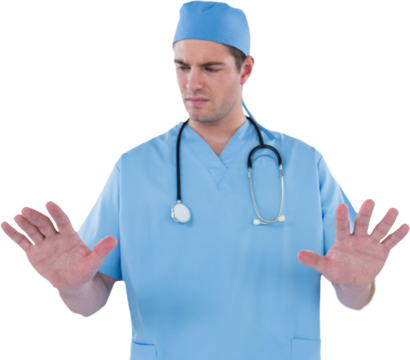 Surgeon pretending to be using futuristic digital screen