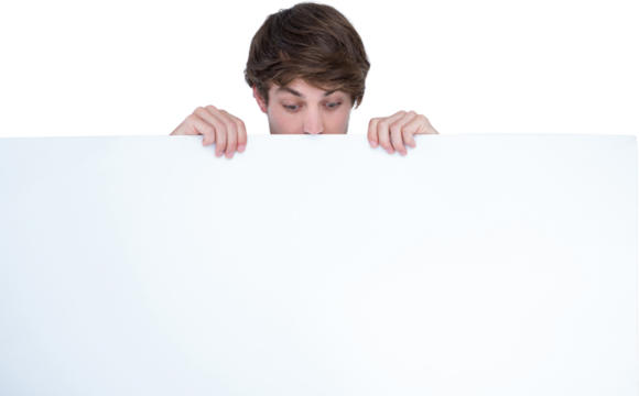 Handsome man holding blank panel - Powered by Adobe