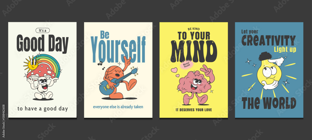 Wall mural retro posters with positive quotes and retro cartoons in trendy style, vector illustration - Wall murals