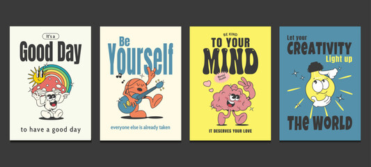 retro posters with positive quotes and retro cartoons in trendy style, vector illustration