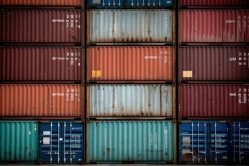 Fototapeta premium stack of containers in port port, freight container logistics. commercial dock. background. generative AI