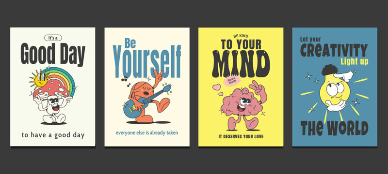 retro posters with positive quotes and retro cartoons in trendy style, vector illustration
