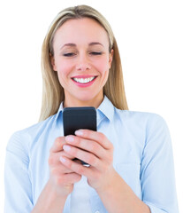 Smiling blonde sending a text message 