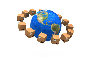 World map amidst boxes