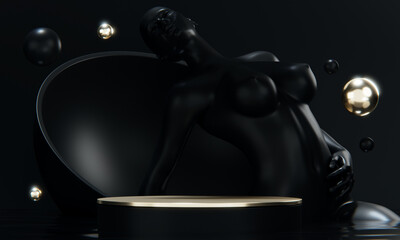 Water splashing on the female statue and  display stand for women's products, black style.