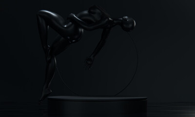 Water splashing on the female statue and  display stand for women's products, black style.