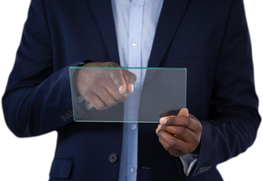 Mid section of businessman touching glass interface