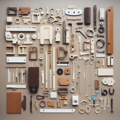 micro wooden parts objects ordered in a flat lay pattern, generative ai illustration