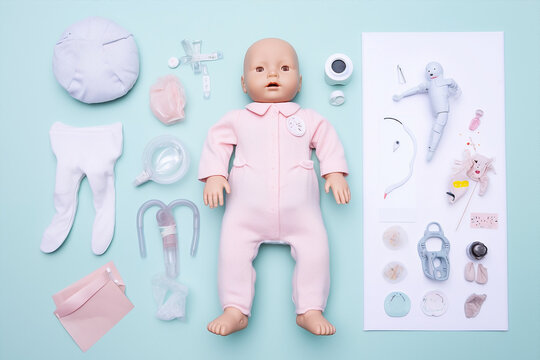 baby child toy with all the accessories pbjects in a pink pastel background, generative,ai,illustration,