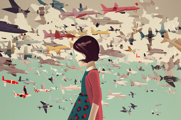 little girl dreaming to travel  and become an explorer, empowerment woman concept theme, generative ai illustration