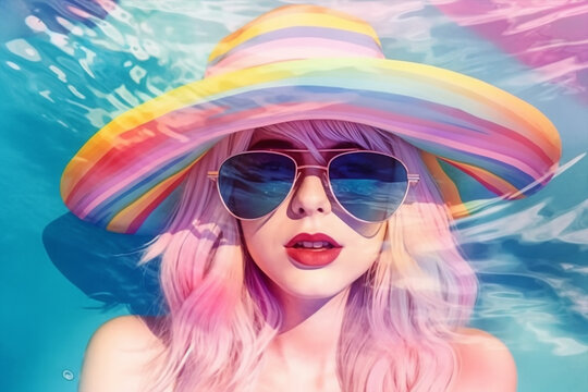 beautiful blonde girl mode, in the swimming pool enjoying the summer and the sun, generative ai illustration