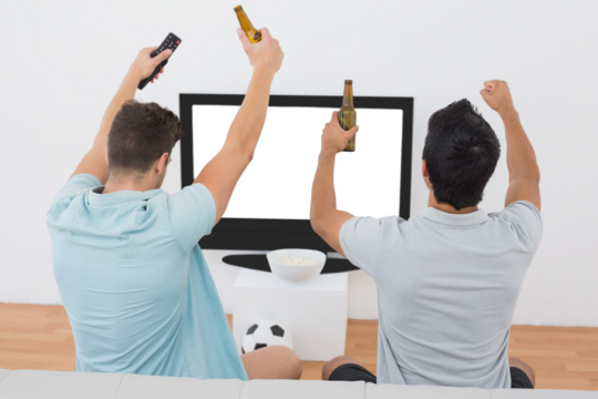 Excited soccer fans watching tv