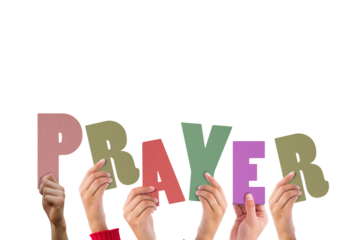 Cropped hands holding multi colored word prayer 