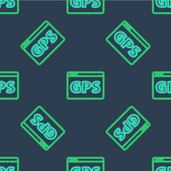 Line Gps device with map icon isolated seamless pattern on blue background. Vector