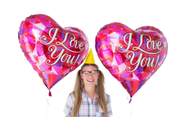 Geeky hipster holding balloons 