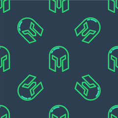 Line Medieval iron helmet for head protection icon isolated seamless pattern on blue background. Vector
