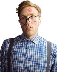 Geeky hipster covered in kisses