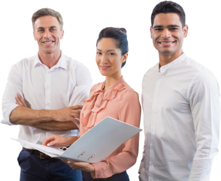 Portrait of confident business people with file against white background
