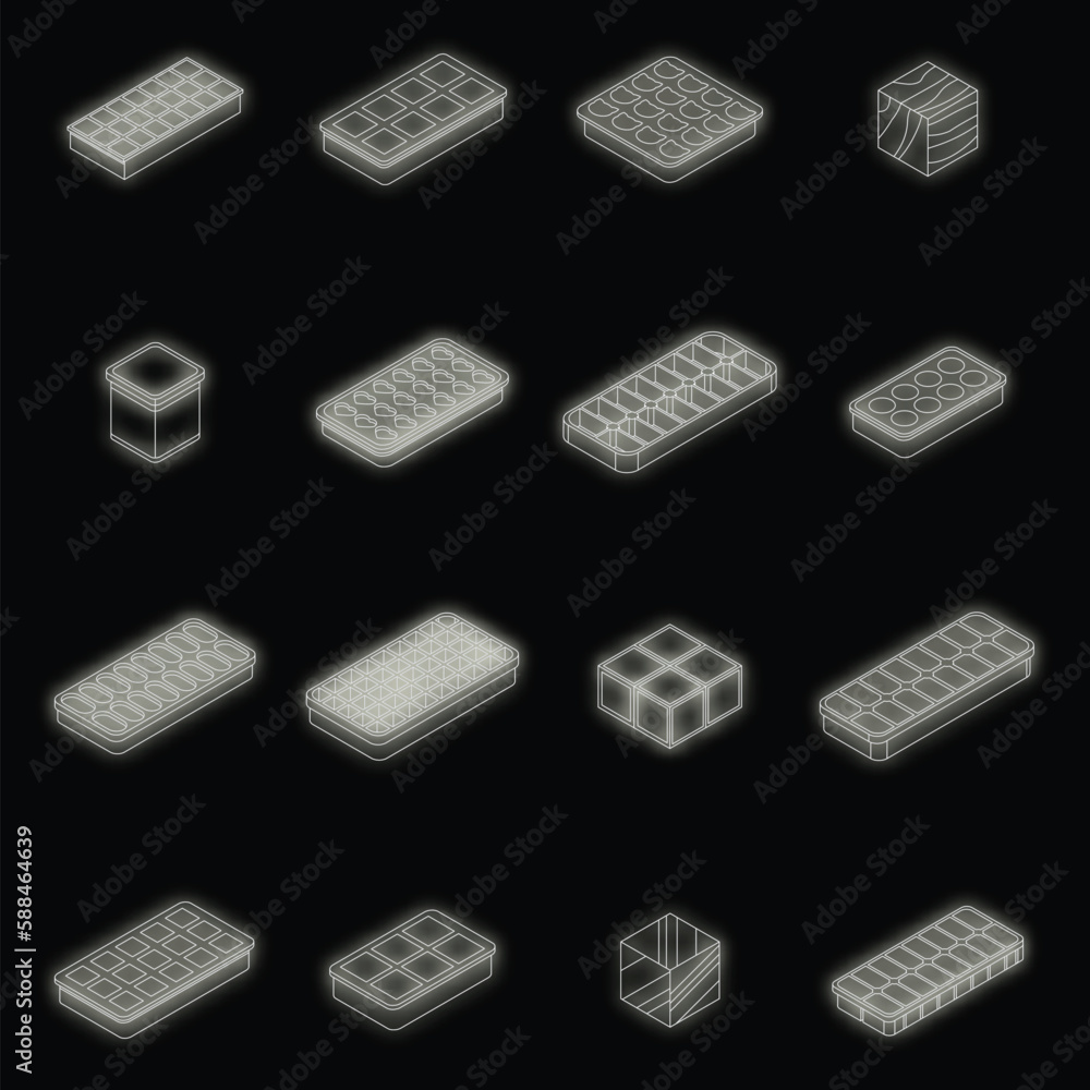 Poster ice cube trays icons set. isometric set of ice cube trays vector icons neon color on black