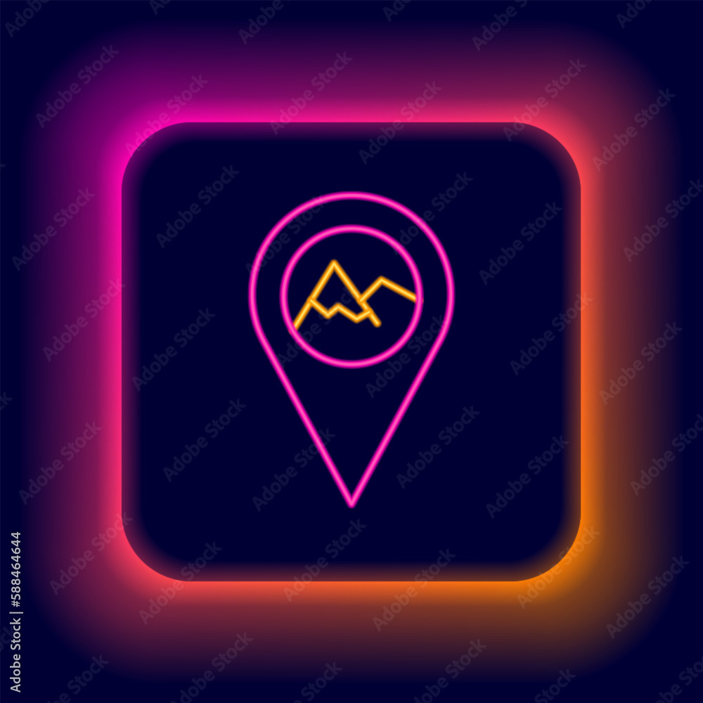 Poster glowing neon line map pointer with mountain icon isolated on black background. mountains travel icon