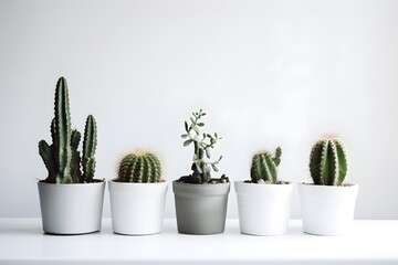 Succulents in pots standing in a row on white table near white wall. Generative AI.