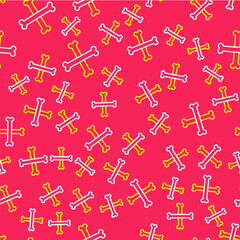 Line Crossed bones icon isolated seamless pattern on red background. Pets food symbol. Happy Halloween party. Vector