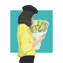 Young beautiful caucasian woman holding bouquet of spring flowers. Stylish spring bouquet with yellow tulips, mimosa and daisies.