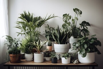 House plants in pots standing on the table near white wall. Generative AI.