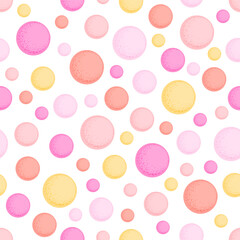 Multi colored circle shapes or spheres seamless pattern of pastel yellow, lavender, red, pink color. Baby print of warm shades. Vector illustration for fabric, wallpaper or wrapping paper design.